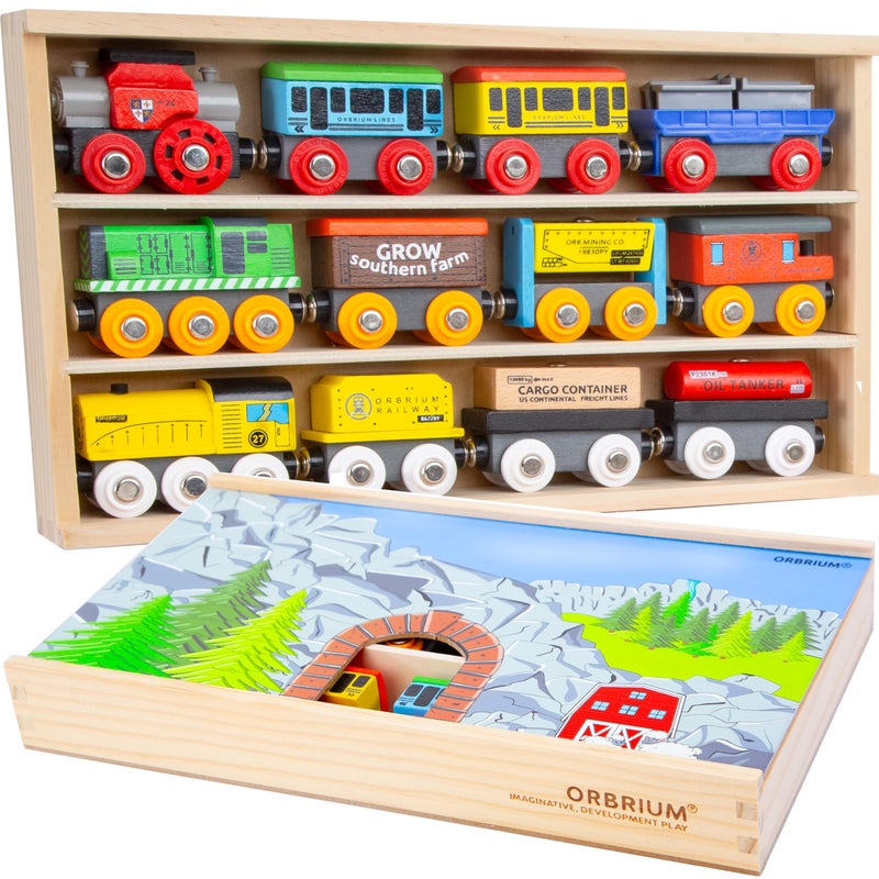 Orbrium مجموعة قطار خشبي 12 قطعة قطارات ألعاب مغناطيسية مع صندوق تخزين غطاء نفق متوافقة مع توماس وبريو وميليسا ودوج ألعاب السكك الحديدية الخشبية للأحفاد والأطفال والصغار والأولاد والبنات - Image 1